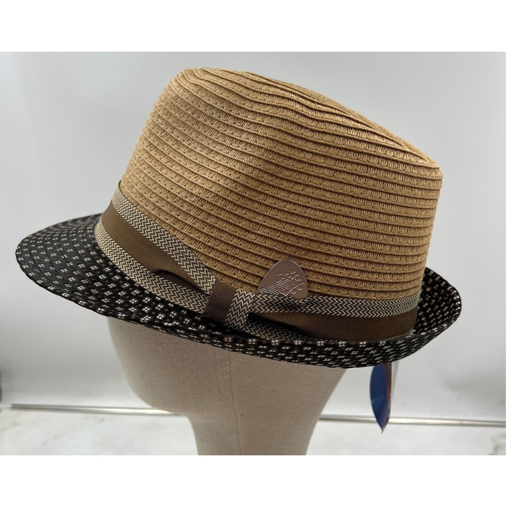 Carlos Santana Fedora Hat Men's Large Tan Black Straw Patterned Brim Pick NWT